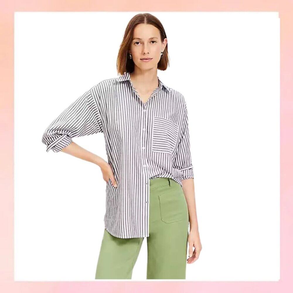 VS PINK Button Down Shirt Striped Lightweight Business Casual Tops LongSleeve XL